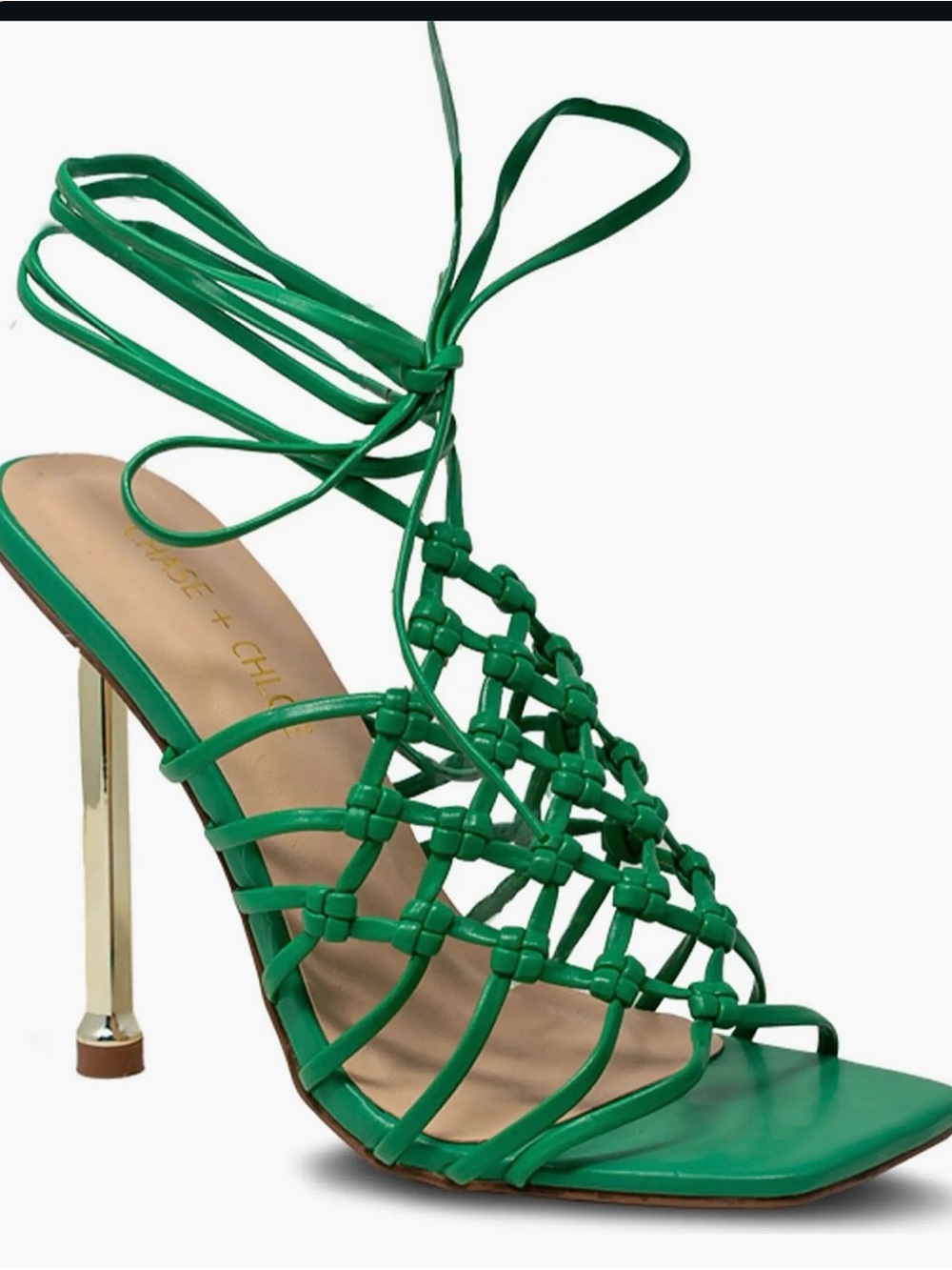 Chase + Chloe Green Knotted Lace-Up Stiletto Sandal